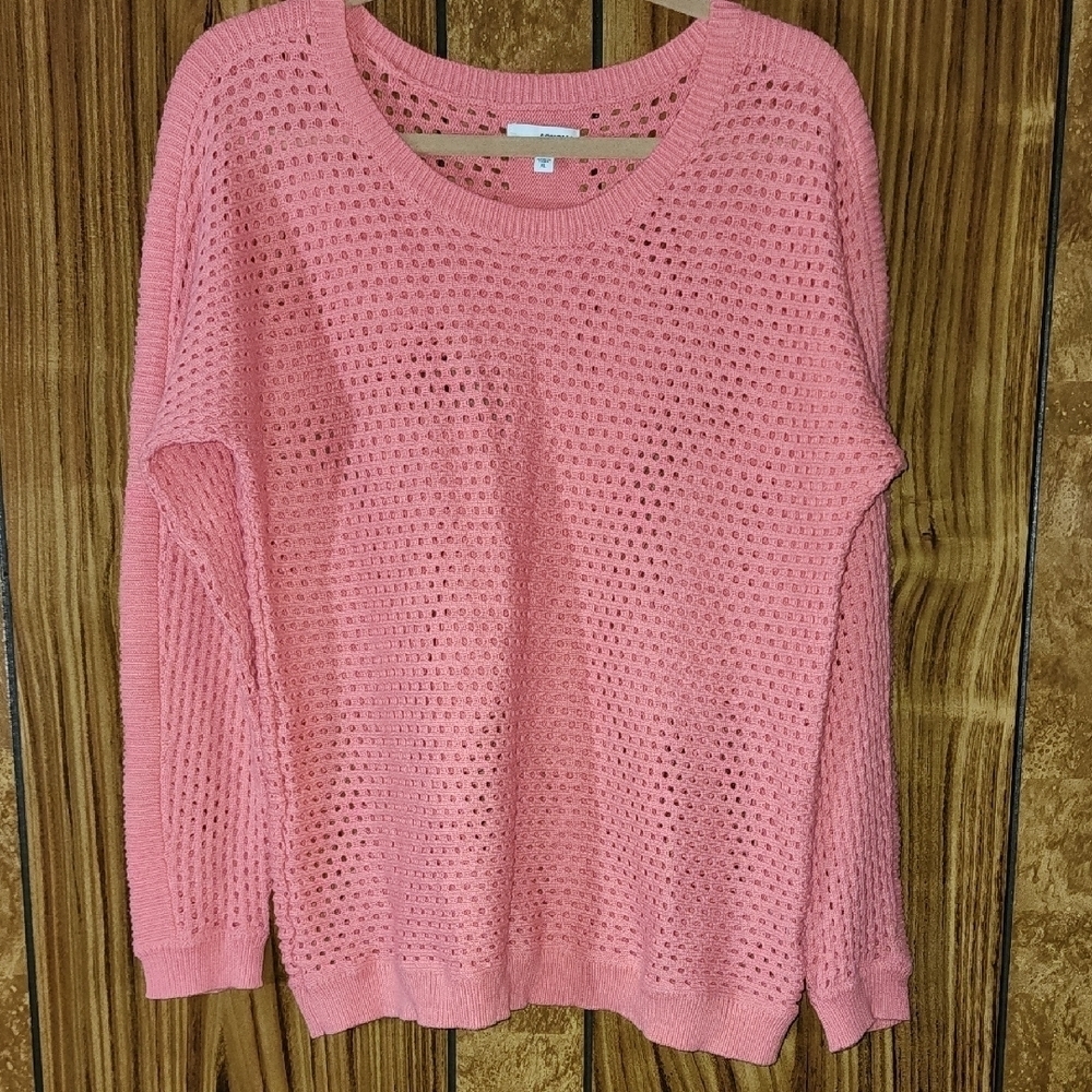 Sonoma Coral Crew Neck Sweater with Open-Knit Texture